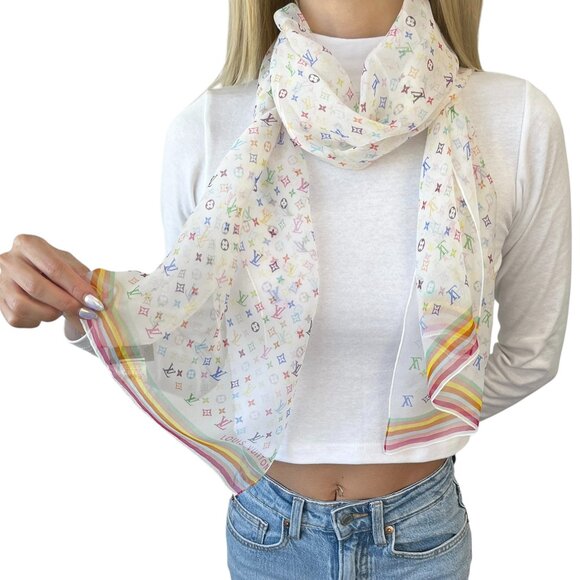 LOUIS VUITTON Vintage LV Logo Monogram Scarf Wrap Shawl Multicolor Silk [105816]